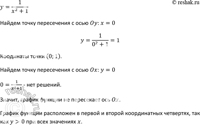 Изображение 203. Функция задана формулой у = 1/(x2+1) Пересекает ли её график ось х? ось у? В каких координатных четвертях расположен график этой...