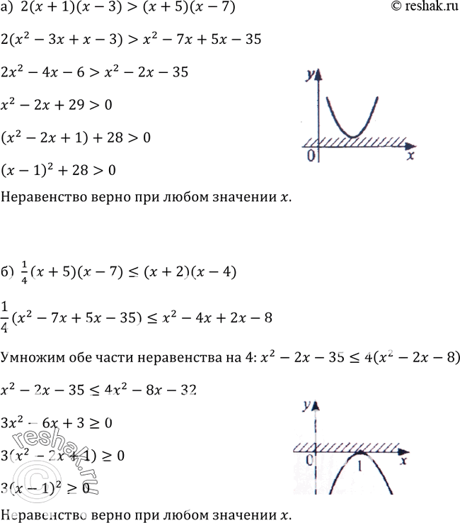 Изображение 377. Докажите, что при любом значении x верно неравенство:а) 2(х + 1)(x - 3) > (x + 5)(x - 7);б) 1(x + 5)(x - 7)/4...