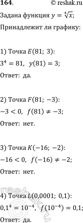 Изображение 164. Принадлежит ли графику функции у = у корень 4 степени х точка Е(81; 3)? F(81; -3)? К(-16; -2)? L(0,0001;...