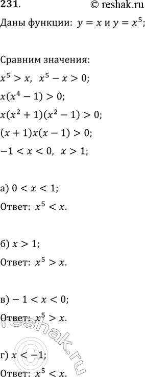 Изображение 231. Сравните значения функций у = х и у = х^5 при значениях аргумента: а) 0 < х < 1;	б) х > 1; в) -1 < х < 0; г)...