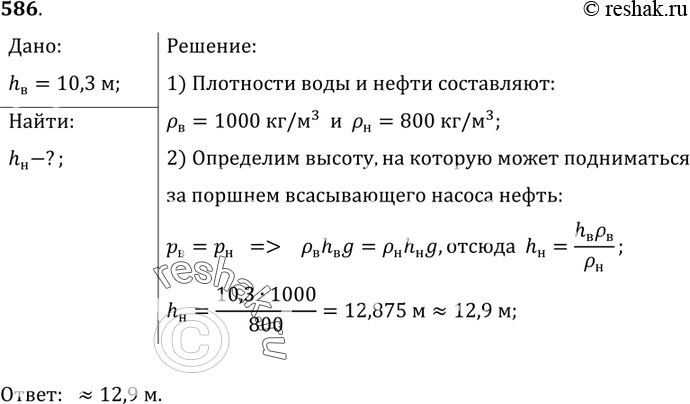 Изображение 586.	При нормальном атмосферном давлении вода за поршнем всасывающего насоса поднимается не более чем на 10,3 м. На какую высоту при всех равных условиях поднимается за...