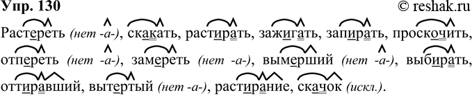 Изображение 130 Обьясните графически написание пропущенных букв. Обозначьте корень и суффикс.Раст..реть, ск..кать, расг..рать, заж.лать, за и., рать, проск..чить, отпереть,...