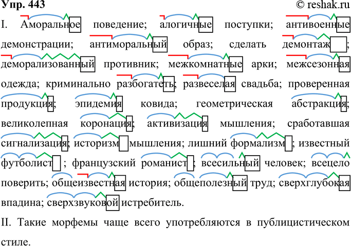 Изображение 443 Выпишите из словаря (толкового, словаря иностранных слов) 2—3 слова с названными выше приставками, корнями и суффиксами, обозначьте в них части слова (морфемы),...