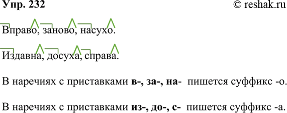 Изображение 232 Образуйте наречия по модели: .  По возможности используйте корни -прав-, -сух-, -нов-, -давн- и указанные в таблице приставки и...
